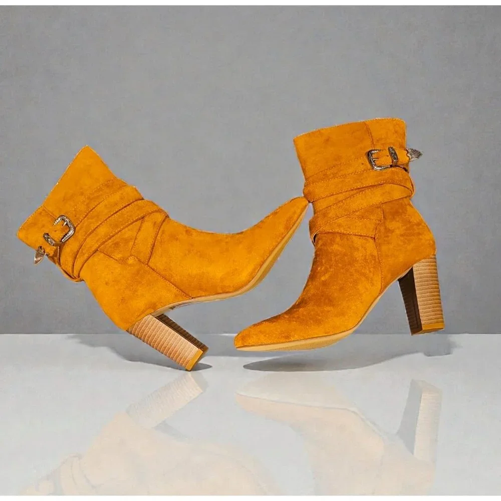 Mocha Faux Suede Ankle Boots With Stacked Heel & Decorative Buckle Strap Design - Picture 7 of 7